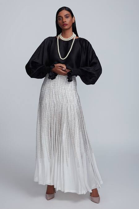 World Of RA_White 100% Bemberg Lining 100% Viscose Pearl Motifs Print Pleated Skirt_Online_at_Aza_Fashions