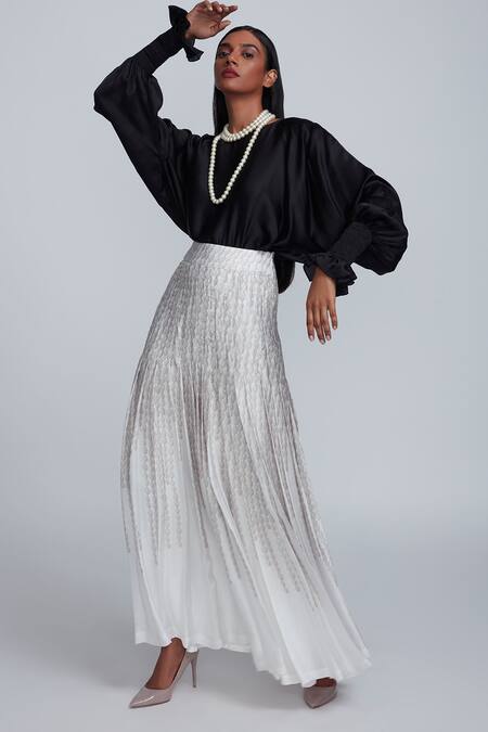 Buy_World Of RA_White 100% Bemberg Lining 100% Viscose Pearl Motifs Print Pleated Skirt_Online_at_Aza_Fashions