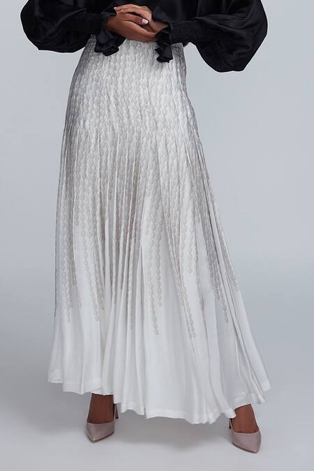 Shop_World Of RA_White 100% Bemberg Lining 100% Viscose Pearl Motifs Print Pleated Skirt_Online_at_Aza_Fashions
