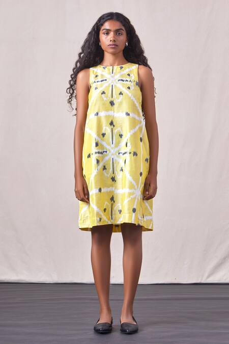The Summer House_Yellow Silk, Cotton Round Neck Kalai Woven Dress_Online_at_Aza_Fashions