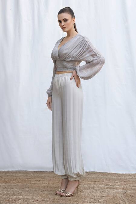 Buy_Amrta By Guneet Kondal_Grey Viscose Embroidery V-neck Riviera Stripe Pattern Top And Pant Set _Online_at_Aza_Fashions