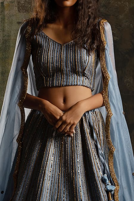 Mona And Vishu Blue Lehenga And Blouse Dupion Silk Dupatta Linear Floral Embroidered Set Online at Aza Fashions Mona And Vishu_Blue Lehenga And Blouse Dupion Silk Dupatta Linear Floral Embroidered Set _Online_at_Aza_Fashions