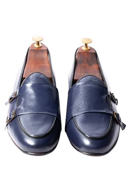 Shop Artimen Blue Plain Handcrafted Double Monk Loafers at Aza Fashions Shop_Artimen_Blue Plain Handcrafted Double Monk Loafers _at_Aza_Fashions