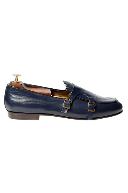 Artimen Blue Plain Handcrafted Double Monk Loafers Online at Aza Fashions Artimen_Blue Plain Handcrafted Double Monk Loafers _Online_at_Aza_Fashions