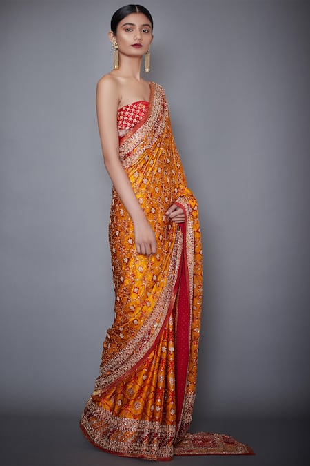Shop RI.Ritu Kumar Red And Orange Aari Embroidered Saree With Unstitched Blouse at Aza Fashions Shop_RI.Ritu Kumar_Red And Orange Aari Embroidered Saree With Unstitched Blouse _at_Aza_Fashions