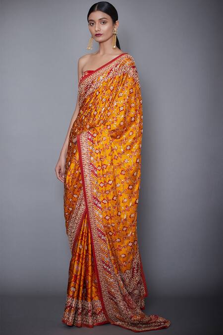 RI.Ritu Kumar Red And Orange Aari Embroidered Saree With Unstitched Blouse Online at Aza Fashions RI.Ritu Kumar_Red And Orange Aari Embroidered Saree With Unstitched Blouse _Online_at_Aza_Fashions