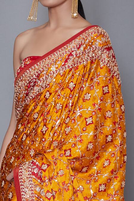 Shop RI.Ritu Kumar Red And Orange Aari Embroidered Saree With Unstitched Blouse Online at Aza Fashions Shop_RI.Ritu Kumar_Red And Orange Aari Embroidered Saree With Unstitched Blouse _Online_at_Aza_Fashions