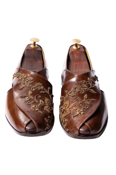 Shop Artimen Brown Plain Handcrafted Embroidered Peshawaris at Aza Fashions Shop_Artimen_Brown Plain Handcrafted Embroidered Peshawaris _at_Aza_Fashions