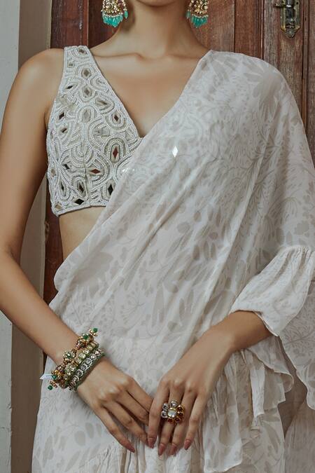 Buy_Arpita Mehta_Cream Georgette Embroidery V-neck Ruffle Saree With Maze Blouse_Online_at_Aza_Fashions