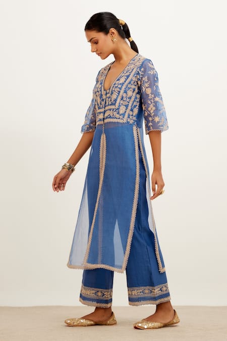 Devnaagri Blue Chanderi And Silk Organza Dori Plunge Front Slit Kurta And Palazzo Set Online at Aza Fashions Devnaagri_Blue Chanderi And Silk Organza Dori Plunge Front Slit Kurta And Palazzo Set _Online_at_Aza_Fashions