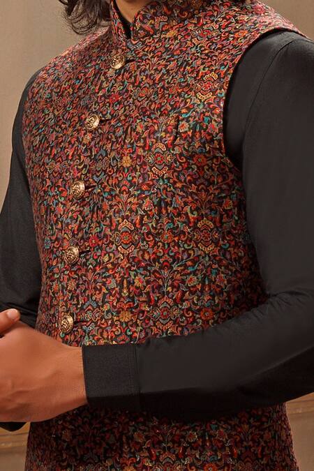 Vanshik_Black Woven Pushmina Blend Bundi And Kurta Set_Online_at_Aza_Fashions