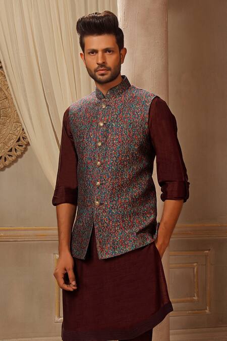 Shop_Vanshik_Blue Woven Pushmina Blend Bundi And Kurta Set _at_Aza_Fashions