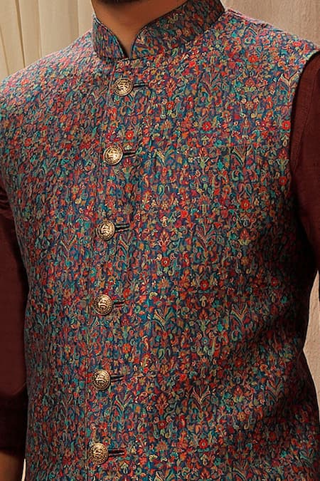 Vanshik_Blue Woven Pushmina Blend Bundi And Kurta Set _Online_at_Aza_Fashions