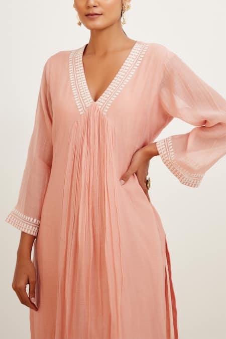 Buy Devnaagri Pink Chanderi And Shantoon V Neck Front Gathered Kurta Set Online at Aza Fashions Buy_Devnaagri_Pink Chanderi And Shantoon V Neck Front Gathered Kurta Set _Online_at_Aza_Fashions
