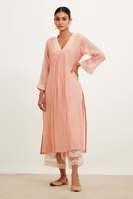 Shop Devnaagri Pink Chanderi And Shantoon V Neck Front Gathered Kurta Set Online at Aza Fashions Shop_Devnaagri_Pink Chanderi And Shantoon V Neck Front Gathered Kurta Set _Online_at_Aza_Fashions