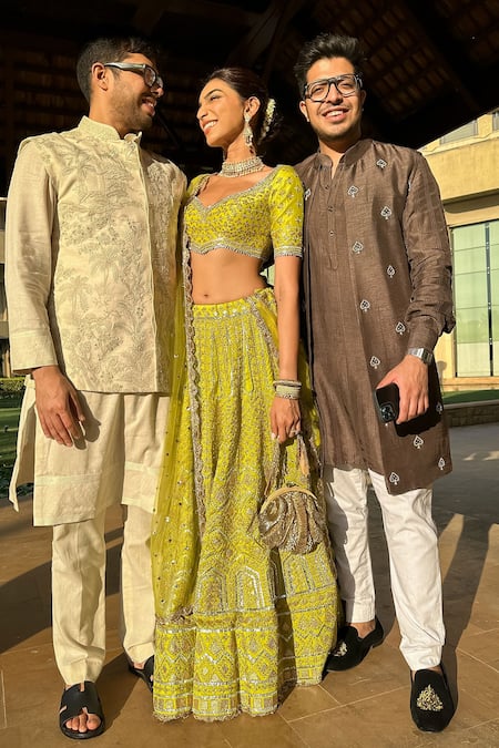 Gopi Vaid_Green Tussar, Organza Gota Patti, Embroidery, Tassels Shahi Silk Lehenga Set _Online_at_Aza_Fashions