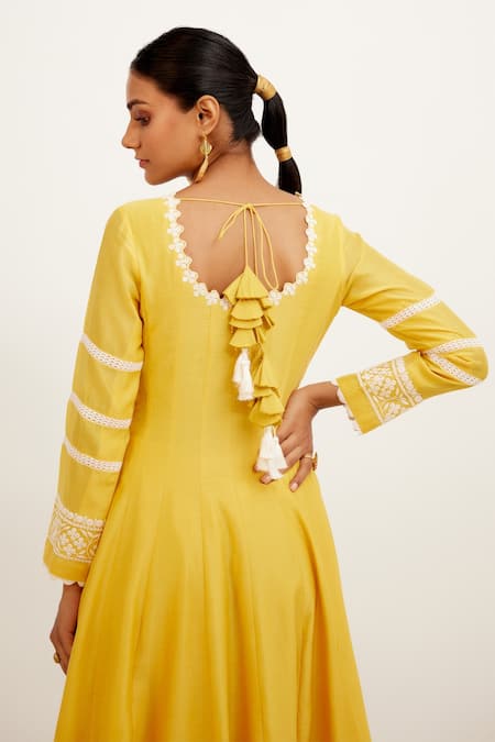 Devnaagri_Yellow Chanderi, Shantoon And Organza Floral U Neck Panelled Anarkali Palazzo Set _at_Aza_Fashions