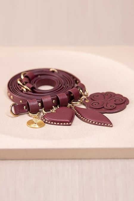 Shop Ampm Maroon Studs, Embroidery Kainaat Charms Studded Belt at Aza Fashions Shop_Ampm_Maroon Studs, Embroidery Kainaat Charms Studded Belt _at_Aza_Fashions