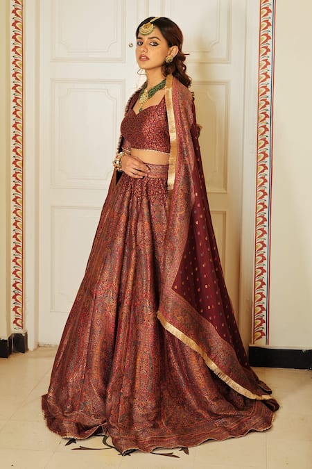 Shop_Safaa_Maroon Velour, Velvet Embroidery Sweetheart Neck The Iffat Bridal Lehenga Set _Online_at_Aza_Fashions