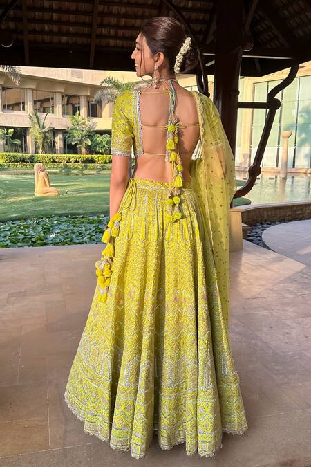 Buy_Gopi Vaid_Green Tussar, Organza Gota Patti, Embroidery, Tassels Shahi Silk Lehenga Set _Online_at_Aza_Fashions