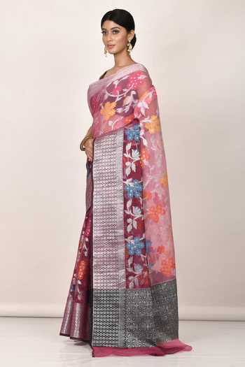 Aryavir Malhotra_Pink Banarasi Kora Silk Saree_Online_at_Aza_Fashions