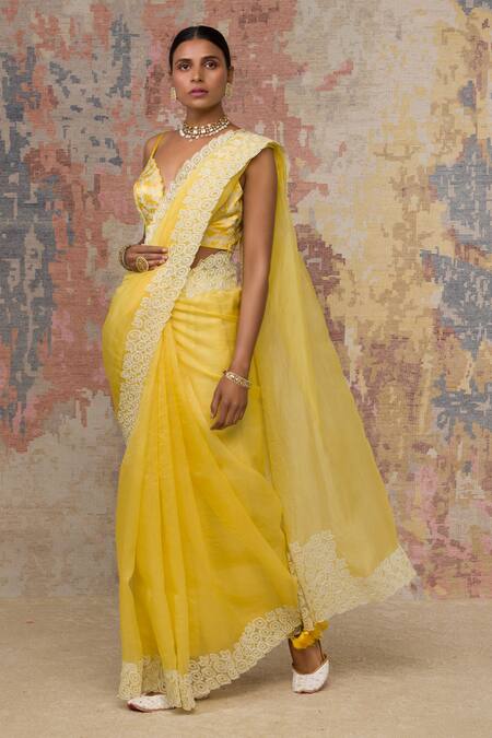 Devnaagri_Yellow Silk Organza, Gajji V Neck Saree With Blouse _Online_at_Aza_Fashions