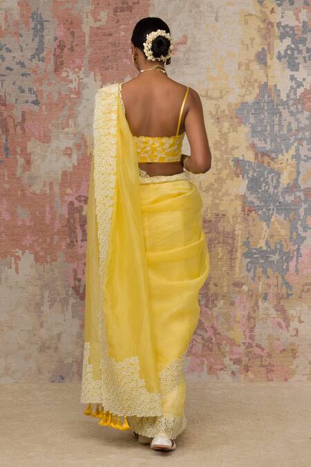 Shop_Devnaagri_Yellow Silk Organza, Gajji V Neck Saree With Blouse _at_Aza_Fashions