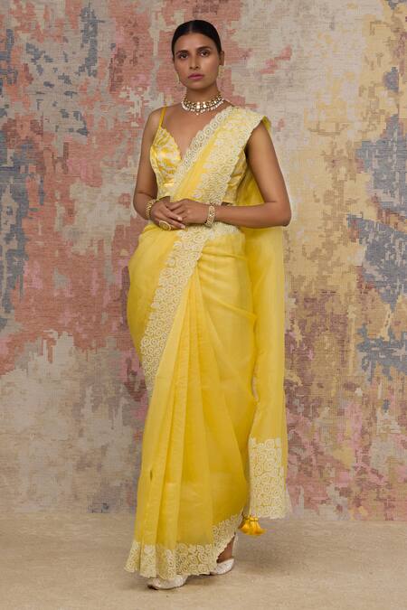 Buy_Devnaagri_Yellow Silk Organza, Gajji V Neck Saree With Blouse _Online_at_Aza_Fashions