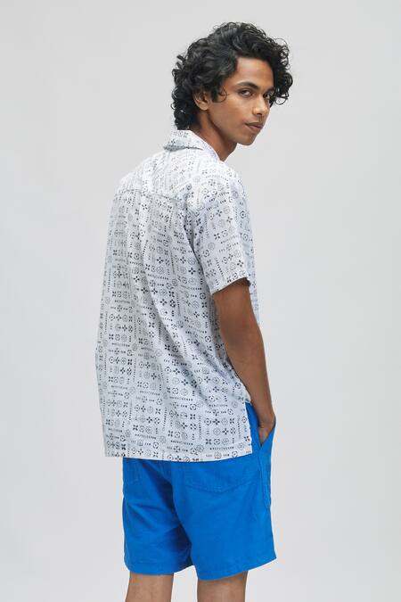 Shop Terra Luna White 100% Organic Handloom Cotton Moon Bloom Palawan Shirt at Aza Fashions Shop_Terra Luna_White 100% Organic Handloom Cotton Moon Bloom Palawan Shirt _at_Aza_Fashions