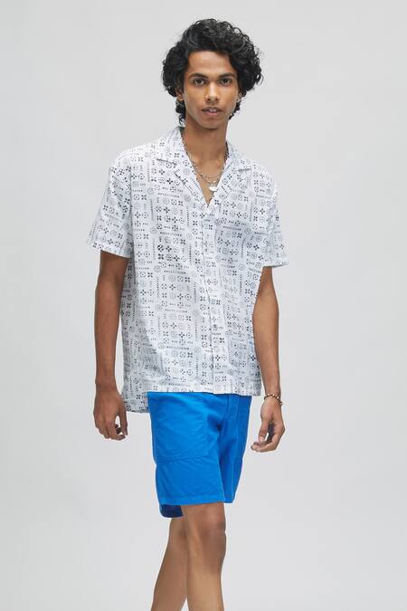 Terra Luna White 100% Organic Handloom Cotton Moon Bloom Palawan Shirt Online at Aza Fashions Terra Luna_White 100% Organic Handloom Cotton Moon Bloom Palawan Shirt _Online_at_Aza_Fashions