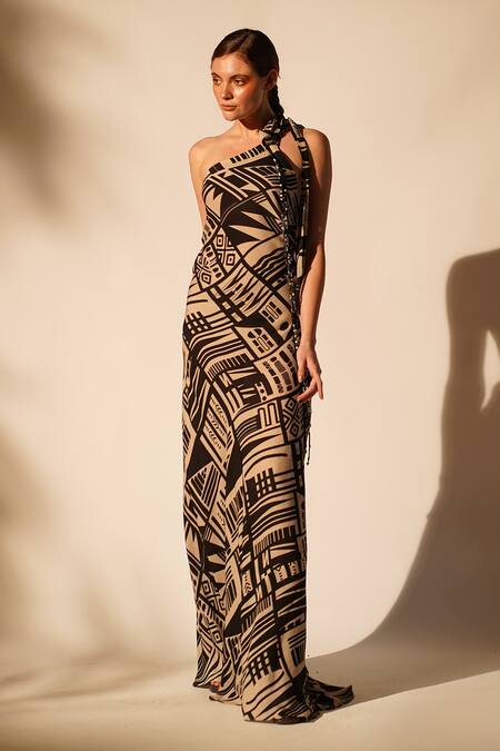Shop_Nikita Mhaisalkar_White Georgette Asymmetric Abstract Print One Shoulder Gown _Online_at_Aza_Fashions