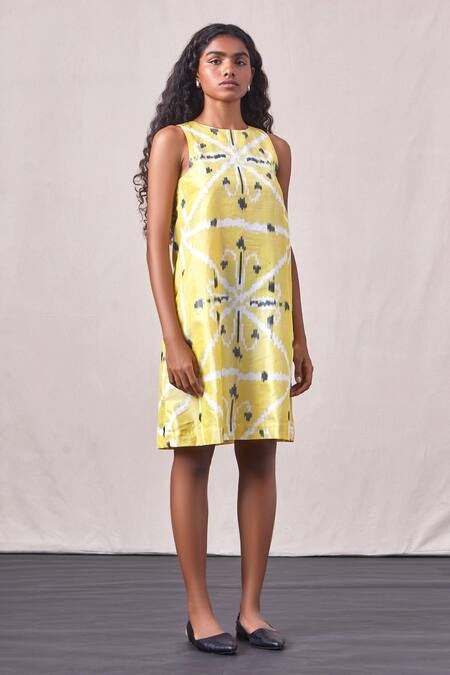 Buy_The Summer House_Yellow Silk, Cotton Round Neck Kalai Woven Dress_Online_at_Aza_Fashions