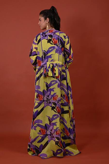 Rimi Nayak_Yellow Organza Open Neck Chanderi Pine Flower Draped Overlay _Online_at_Aza_Fashions