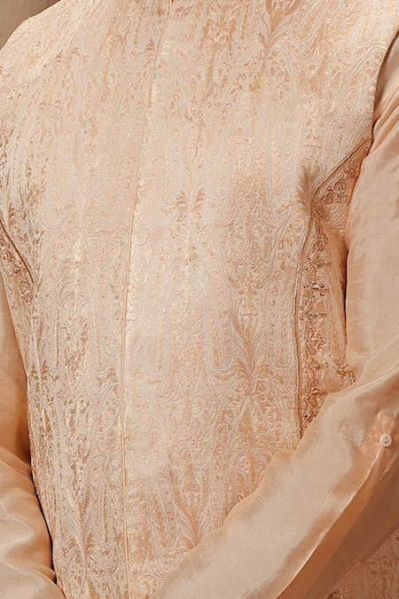 Vanshik_Beige Base Fabric Silk Satin Blend Embroidered Bundi And Kurta Set _Online_at_Aza_Fashions