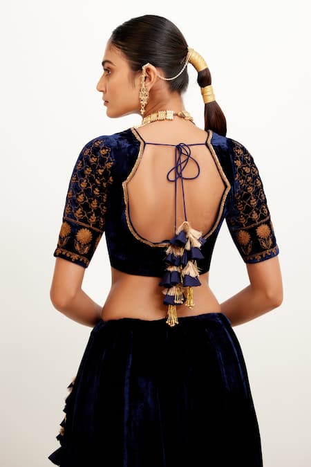 Shop_Devnaagri_Blue Velvet And Organza Zari Plunge V Neck Embroidered Bridal Lehenga Set _Online_at_Aza_Fashions