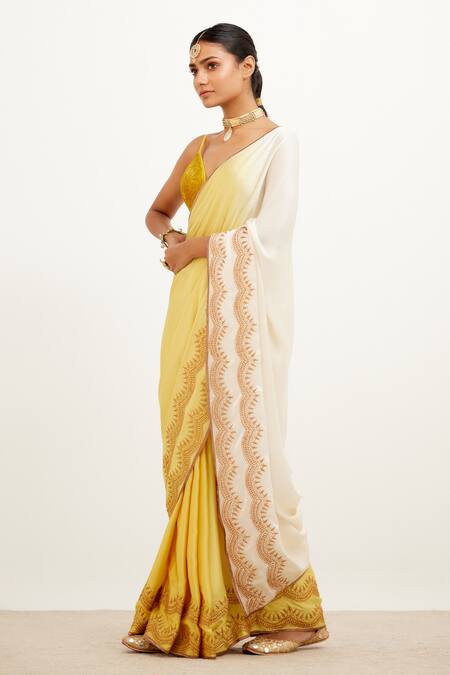 Devnaagri_Yellow Velvet And Satin Zari V Neck Shaded Saree With Embroidered Singlet _Online_at_Aza_Fashions