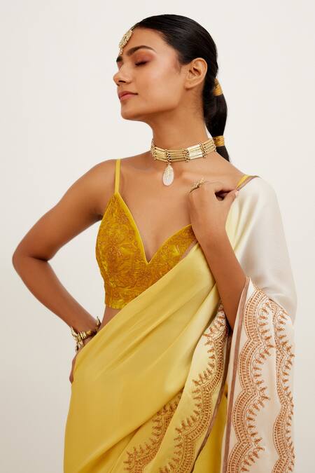 Buy_Devnaagri_Yellow Velvet And Satin Zari V Neck Shaded Saree With Embroidered Singlet _Online_at_Aza_Fashions