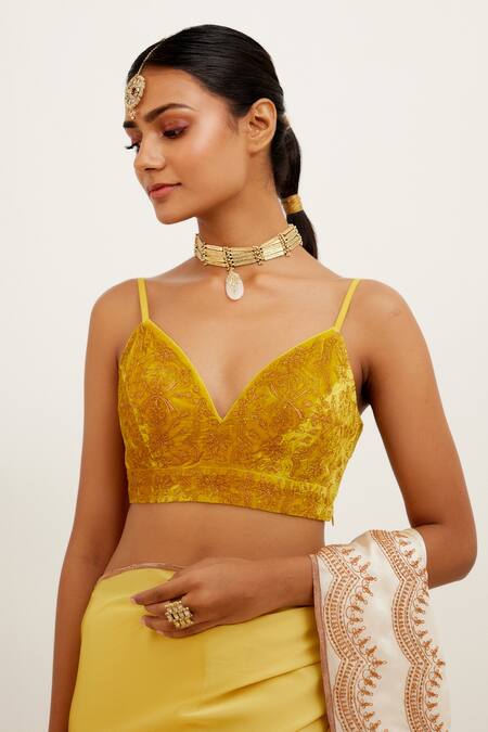 Shop_Devnaagri_Yellow Velvet And Satin Zari V Neck Shaded Saree With Embroidered Singlet _Online_at_Aza_Fashions