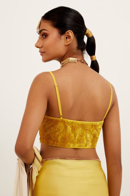 Devnaagri_Yellow Velvet And Satin Zari V Neck Shaded Saree With Embroidered Singlet _at_Aza_Fashions