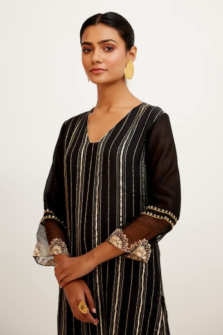 Shop_Devnaagri_Black Shantoon And Organza, Chanderi Sequins, Lace V Detailed Kurta Set _Online_at_Aza_Fashions