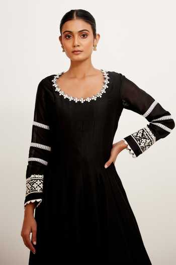 Shop_Devnaagri_Black Chanderi, Shantoon And Organza Floral U Neck Anarkali Palazzo Set _Online_at_Aza_Fashions
