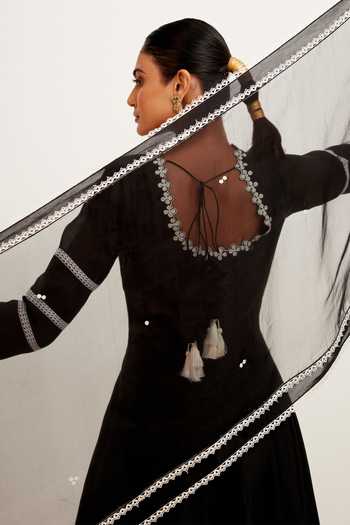 Devnaagri_Black Chanderi, Shantoon And Organza Floral U Neck Anarkali Palazzo Set _at_Aza_Fashions