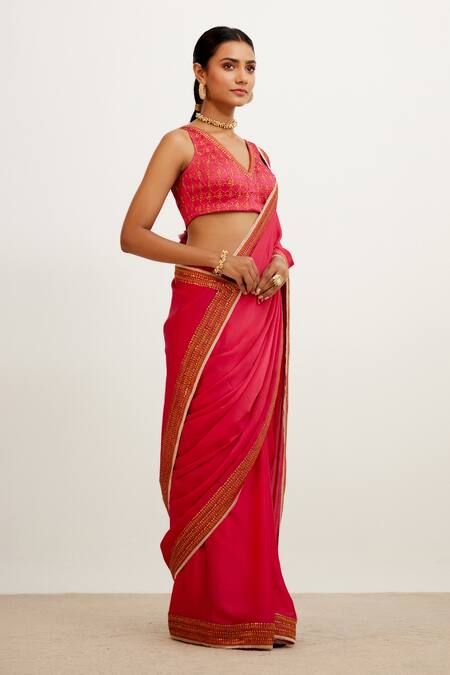 Devnaagri_Fuchsia Satin And Gajji Zari V Neck Embroidered Border Saree With Blouse _Online_at_Aza_Fashions