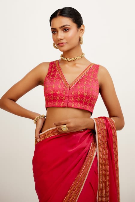 Buy_Devnaagri_Fuchsia Satin And Gajji Zari V Neck Embroidered Border Saree With Blouse _Online_at_Aza_Fashions