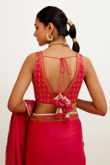 Shop_Devnaagri_Fuchsia Satin And Gajji Zari V Neck Embroidered Border Saree With Blouse _Online_at_Aza_Fashions