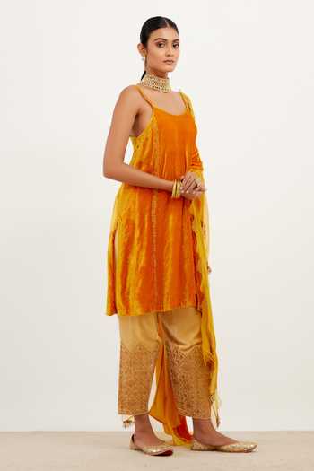 Devnaagri_Orange Velvet And Organza Silk Zari Scoop Neck Embroidered Kurta Salwar Set _Online_at_Aza_Fashions