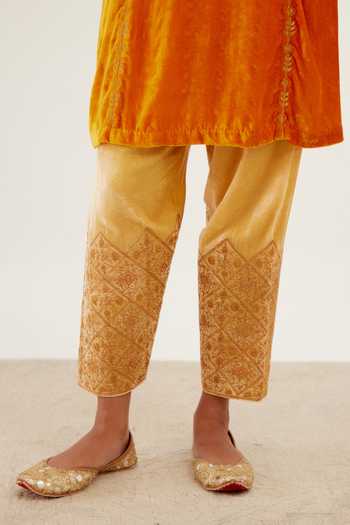 Buy_Devnaagri_Orange Velvet And Organza Silk Zari Scoop Neck Embroidered Kurta Salwar Set _Online_at_Aza_Fashions
