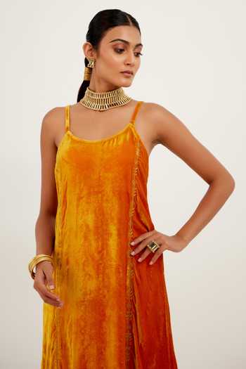 Shop_Devnaagri_Orange Velvet And Organza Silk Zari Scoop Neck Embroidered Kurta Salwar Set _Online_at_Aza_Fashions