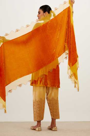 Devnaagri_Orange Velvet And Organza Silk Zari Scoop Neck Embroidered Kurta Salwar Set _at_Aza_Fashions