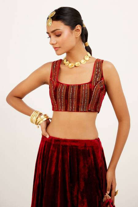 Shop_Devnaagri_Maroon Velvet And Organza Zari Square Neck Embroidered Bridal Lehenga Set _Online_at_Aza_Fashions